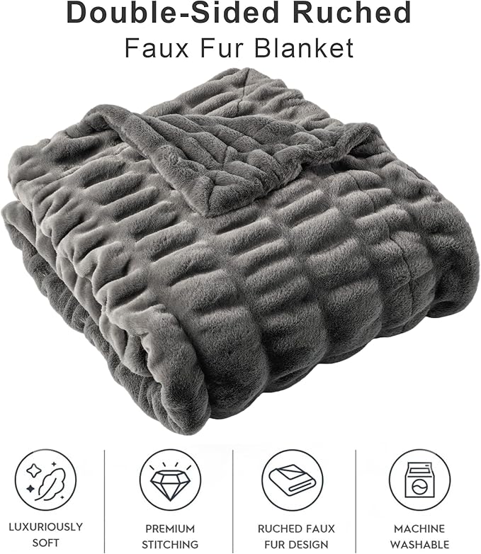 BATTILO HOME Luxury Faux Fur Blanket for Couch, Double Side Ruched Rabbit Fur Blanket Supper Soft Throw Blankets for Bed, Cozy Blanket, 50“x60