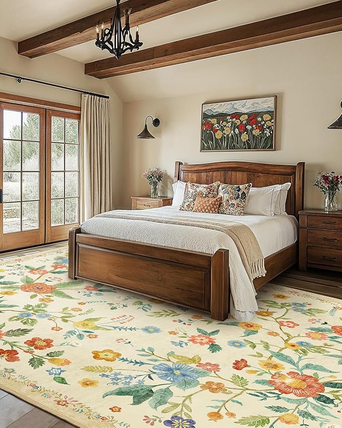 Amada 8x10 Area Rugs, Non-Slip & Low-Profile Large Area Rug with Reinforced Edge Binding, Washable Soft Boho Floral Rugs for Living Room, Bedroom, Dining Room