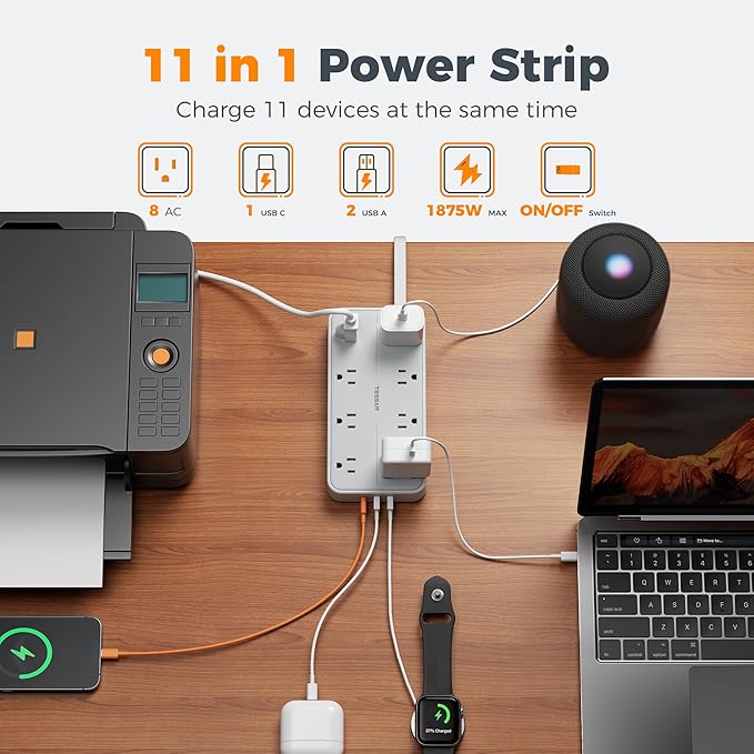 TESSAN Flat Plug Extension Cord 6 FT, Surge Protector Power Strip with 8 AC Outlets 3 USB (1 USB C), 1080 Joules, 1875W 15A, Multiple Wall Outlet Extender Station for Home Office School Dorm