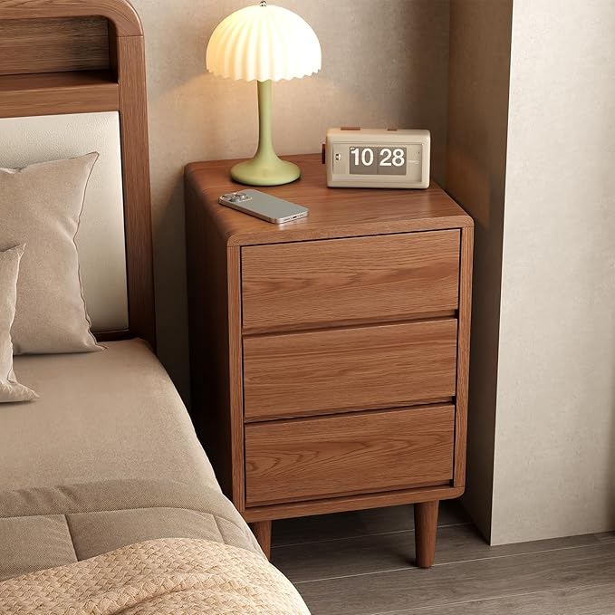 Tall Nightstand Walnut Night Stand with 3 Drawers Mid Century Modern Nightstand with Storage,Solid Wood Night Stand,Small Bedside Table for Bedroom,Living Room,Office,Walnut Bedside Table