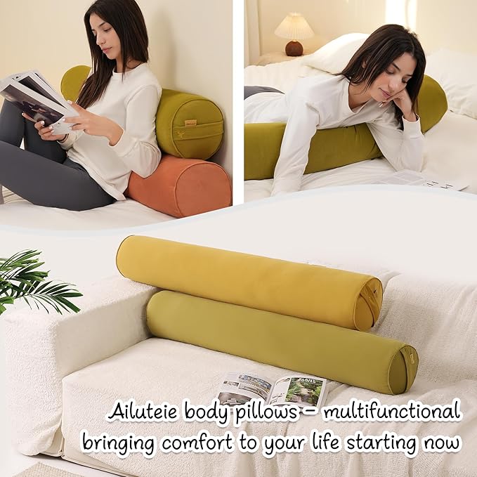 Long Round Body Pillow for Adults – Bolster Pillow for Bed, Cervical Roll Pillow, Firm Support for Sleeping,47.24 x 7.87 Inches,Golden Yellow