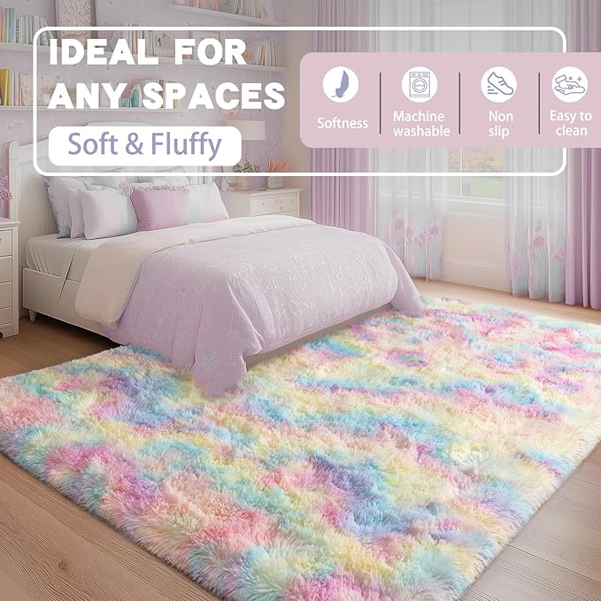 Fluffy Rainbow Rug for Girls Bedroom, 4x6 Cute Colorful Shag Rug for Kids Room, Soft Fuzzy Shaggy Rugs for Living Room Home Decor