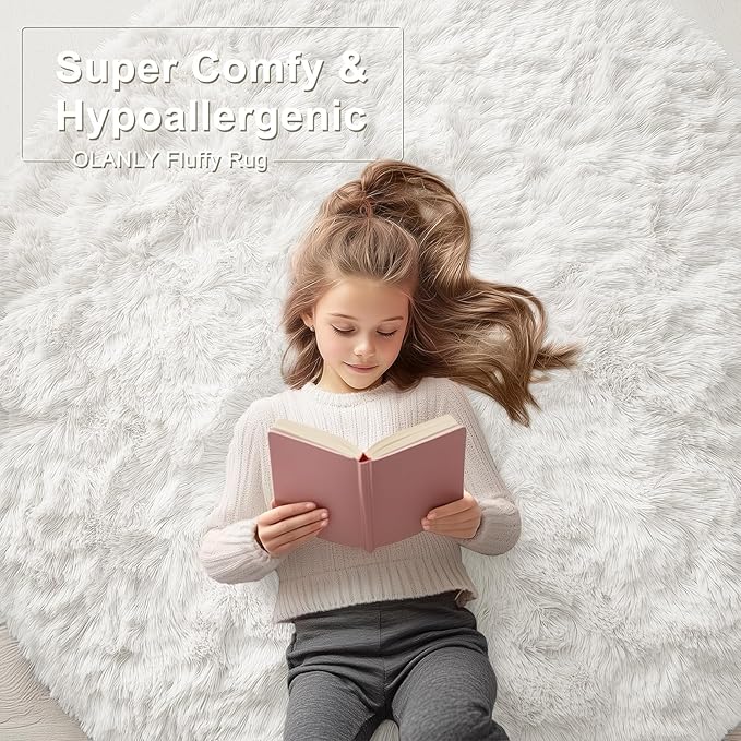 OLANLY Ivory Round Rugs for Bedroom - Machine Washable, 4 ft Circle Area Rugs for Living Room, Soft and Fluffy Shaggy Carpet for Teen Girls and Boys, Nursery Rooms, Dorms, Home Decor Aesthetic