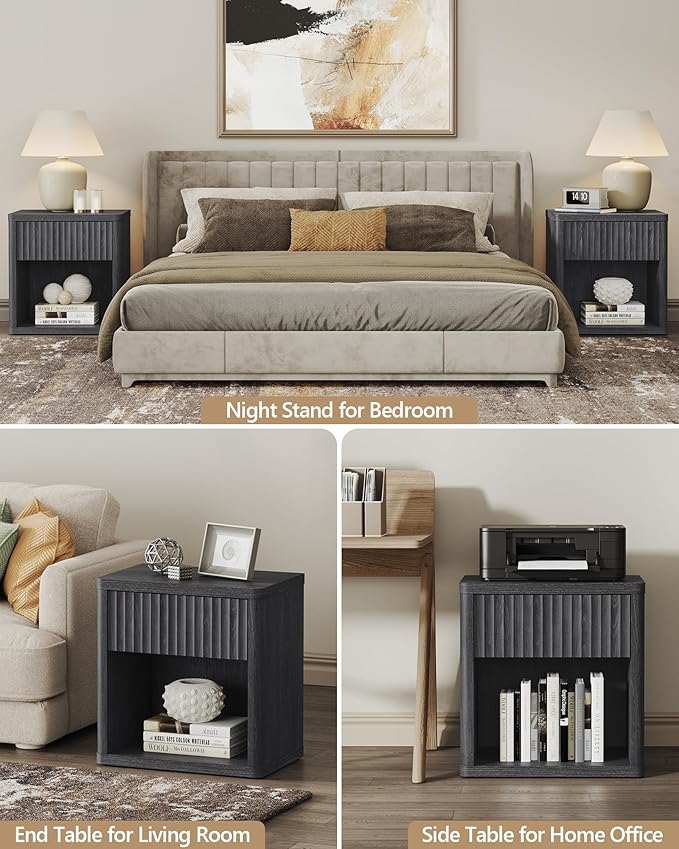 SICOTAS Night Stand Set of 2 Nightstands with Drawer Storage Fluted Bed Side Table End Table Large Modern Wide Bedside Mid Century Night Stands for Bedroom Living Room Sofa Office, Dark Grey Alder