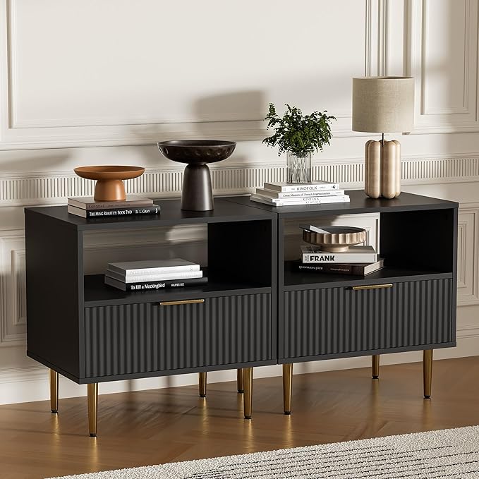 Nightstand with Drawer, End Table with Storage, Bed Side Table with Open Space for Bedroom, Modern Nightstand with Golden Handle, Side Night Stand for Bedroom, Living Room, Black