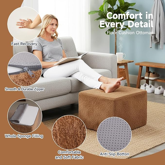 Tiita Pouf Ottoman and Foot Rest, Square Foam Stuffed Floor Pouf with Storag for Living Room, Brown