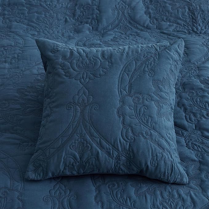 CHIXIN Bedspread Coverlet Quilt Set Full Size - Lightweight Bedding Cover - Beautiful Stitching - 5 Piece Reversible Bedspread - Gorgeous Damask Paisley Pattern (Full, Navy)