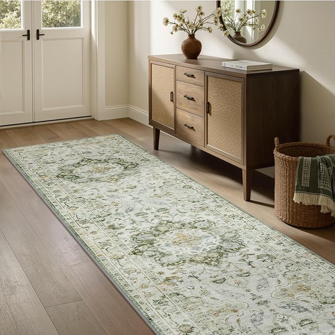 PADOOR 2X10 Runner Rug,Runners for Hallways,Soft Green Washable Bedside Rugs for Bedroom,Non Slip Long Rug for Hallways Entryway Laundry Room Stair Kitchen Bathroom
