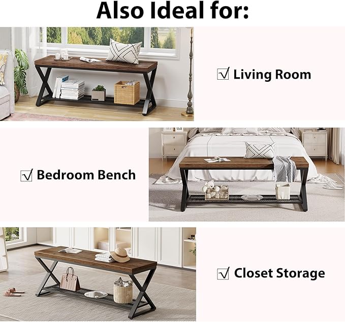 LVB Rustic Entryway Bench, 47” Shoe Bench with Storage for Entry Way, Industrial Shoe Rack Bench with Seating for Foyer Entrance, Farmhouse Wood Bench for Hallway Living Room Bedroom, Rustic Brown