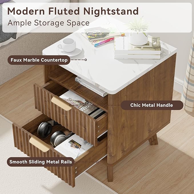 Fluted Nightstand with 2 Drawers, 18" Modern Night Stand with Faux Marble Top, Open Storage Shelf, Curved Edge Bedside Table for Bedroom, End Side Table (1, Walnut)