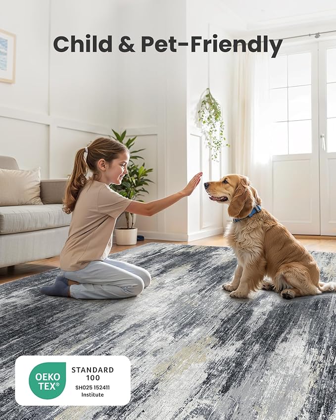 AMADA HOMEFURNISHING 6x9 Washable Area Rug, Modern Abstract Living Room Rug with Non-Slip Backing & Low Pile, Large Rug with Abstract Pattern for Living Room, Bedroom and Dinning Room, Light Grey