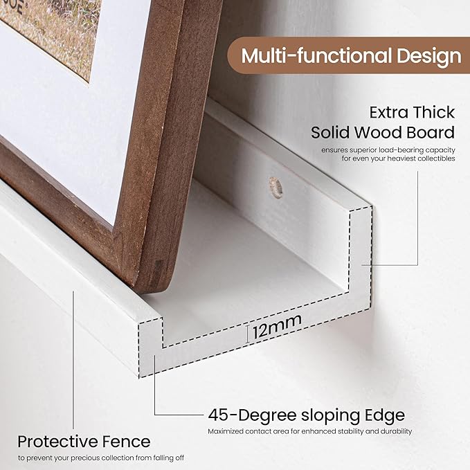 Picture Ledge Shelf, Floating Shelves Set of 2, 32 Inches Solid Wood Nursery Book Shelves for Toys Storage, Kids Bookshelf Wall Mounted for Living Room Bedroom Decor Books Photo Frames, White