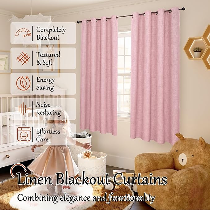 Baby Pink Linen Blackout Curtains for Nursery 63 Inch Length 2 Panels Set, Thermal Insulated Boho Total Black Out Noise Reducing Bonzer Grommets Window Curtains for Girls Bedroom, Each 52 Inch Wide