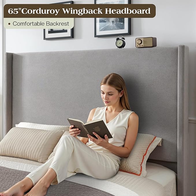 King Bed Frame with 65" Tall Headboard, Horizontal Fine Corduroy Bed Frame with Wingback, Upholstered Platform Bed, Vintage Solid Wood Gourd Legs, No Box Spring Needed, Gray