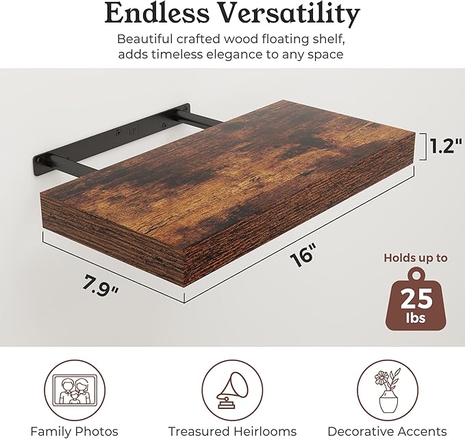 Floating Shelves for Wall, 7.9" Deep Wall Mounted Wood Shelves for Bathroom, Bedroom, Living Room, Kitchen, Hanging Shelf for Books/Storage/Room Decor (Brown, 16")