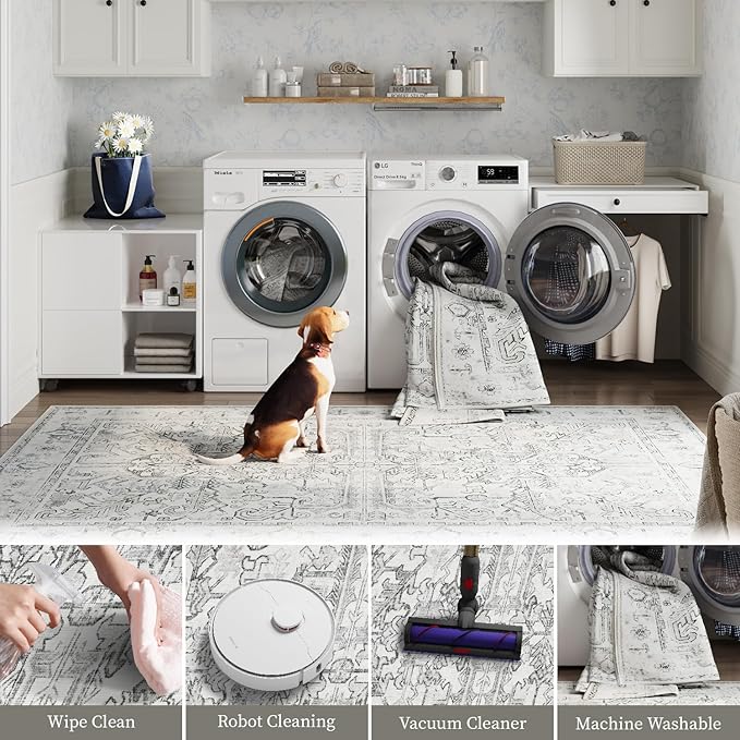 jinchan Lima 2x3 Washable Rug for Entryway - Vintage Floral Ultra-Thin Low Pile Soft Small Non Slip Distressed Indoor Door mat Accent Area Rug for Entrance Kitchen Bathroom Bedroom (2x3ft, Grey)