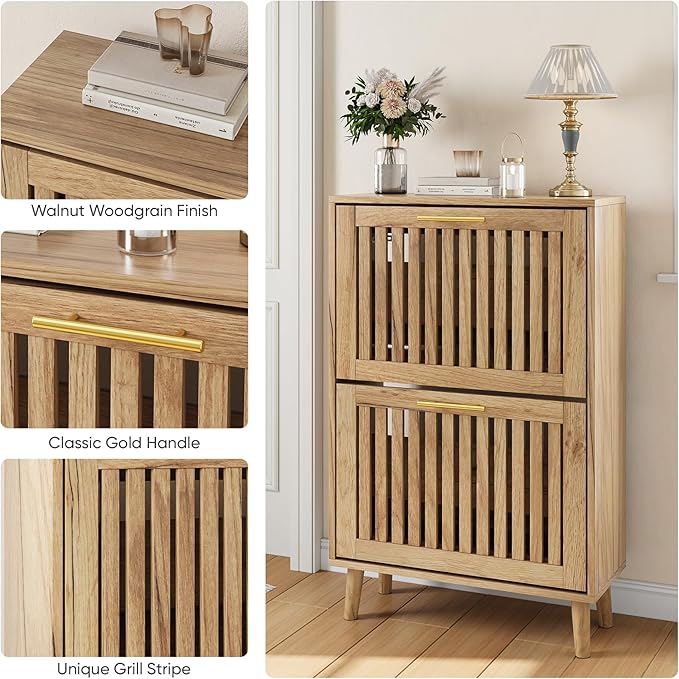 Shoe Cabinet with 2 Flip Slatted Drawers, Farmhouse Slim Shoe Organizer Rack with Golden Handles, Freestanding Hidden Entryway Storage for Hallway, Natural Oak