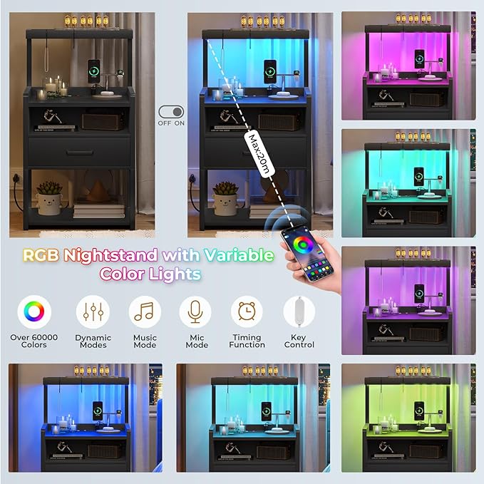 VIAGDO Night Stand Set 2 with Charging Station and LED Lights, Black Night Stand with Drawer, Modern End Side Table with Open Storage Shelves, Bedside Tables for Bedroom, Office