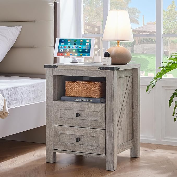 Joaxswe Nightstand with Charging Station and USB Port, Farmhouse Night Stand with 2 Drawers and Shelf Storage, Wooden Side End Table, Bedside Cabinet for Bedroom, Living Room, Closet,Office (Grey)