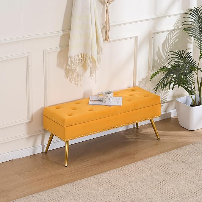 Velvet Storage Bench with Gold Legs& Nailhead Trim, 40" Wide Upholstered Modern Bedroom Bench for End of Bed, Tufted Ottoman for Entryway Living Room Dining Room (Mustard Yellow, 40" Wide)