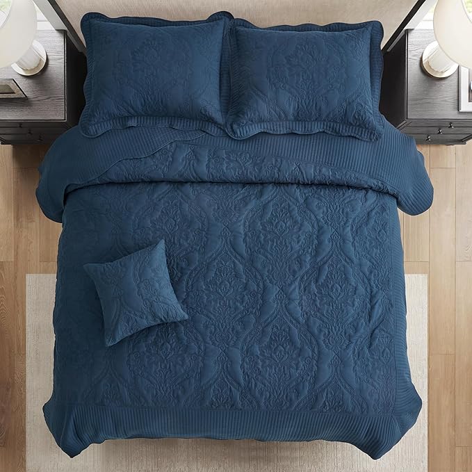 CHIXIN Bedspread Coverlet Quilt Set Full Size - Lightweight Bedding Cover - Beautiful Stitching - 5 Piece Reversible Bedspread - Gorgeous Damask Paisley Pattern (Full, Navy)