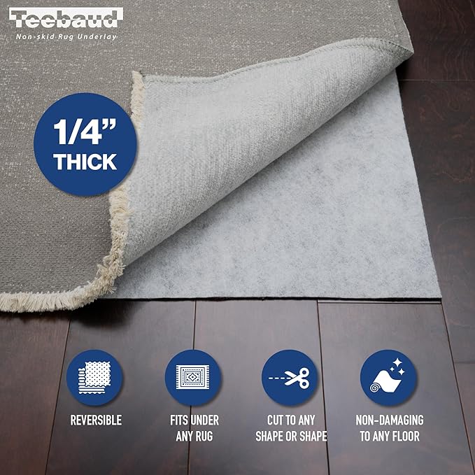 8' x 11' Non-Slip Rug Pad, Reversible Gripper, Non Skid Pads for Hardwood, Vinyl, Tile, Laminate Floors, Keep Area Rugs Secure, Natural Materials Safe for Indoor Flooring, ¼” Thick