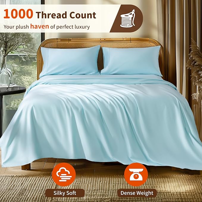 LBRO2M 1000 Thread Count 100% Egyptian Cotton Sheets Set Twin, 3 Piece Sets Bed Sheet Deep Pocket Sheet Set 16" Soft Comfortable All Season (Twin, Light Blue)