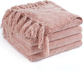 Chenille Throw Blanket for Couch 60"X 80" Twin, Soft Cozy Throws with Fringe Tassel for Bed Sofa Chair Cover, Lightweight Knitted Decorative Boho Blankets for Living Room, Dusty Pink