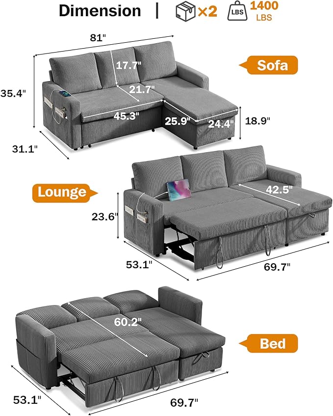Vipbear 80" Sectional Sleeper Sofa Bed with Pull Out Bed, L Shaped Couch Pull Out Couch with Reclining Backrest, Reversible Storage Chaise, USB Ports, Tool-Free Assembly, Corduroy Grey