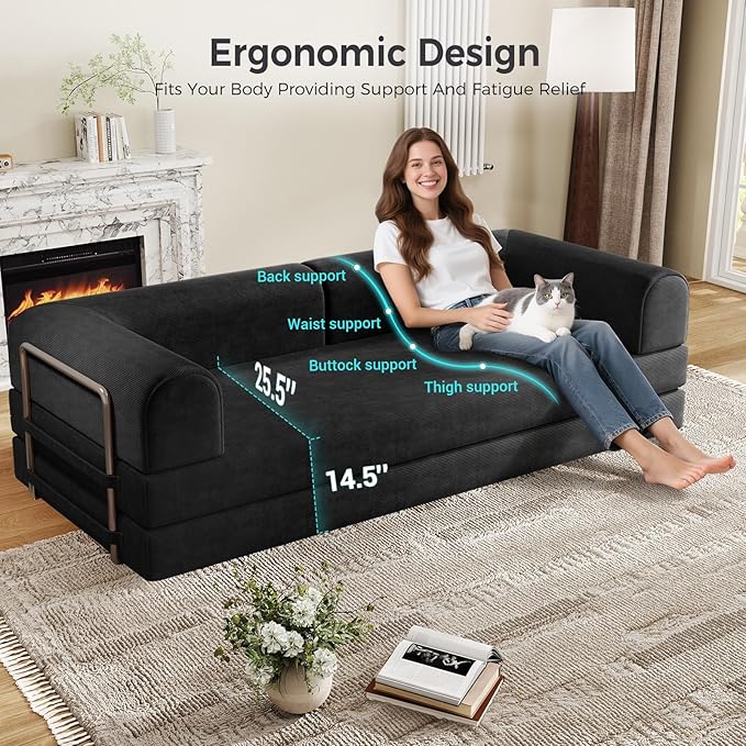 5-in-1 Folding Convertible Sofa Bed with L-Shaped Cylindrical Pillow, Corduroy Boneless Couch, Pull Out Bed, Floor Sofa Modular Futon Couch for Living Room Bedroom Lounge - No Assembly Needed in