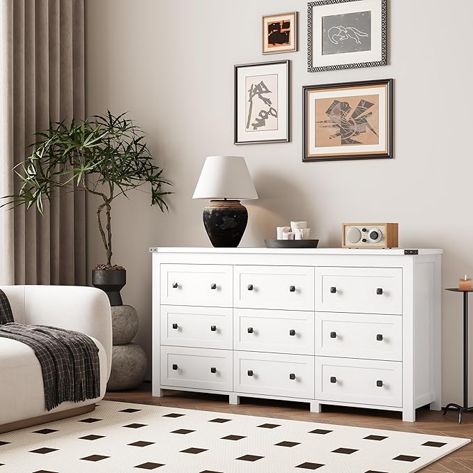 Dresser for Bedroom with 9 Drawers, Farmhouse Wood Chest of Drawers, Wide TV Stand Closet Storage Furniture with Metal Handle, Modern Clothes Organizer for Hallway, Living Room, Entryway, White