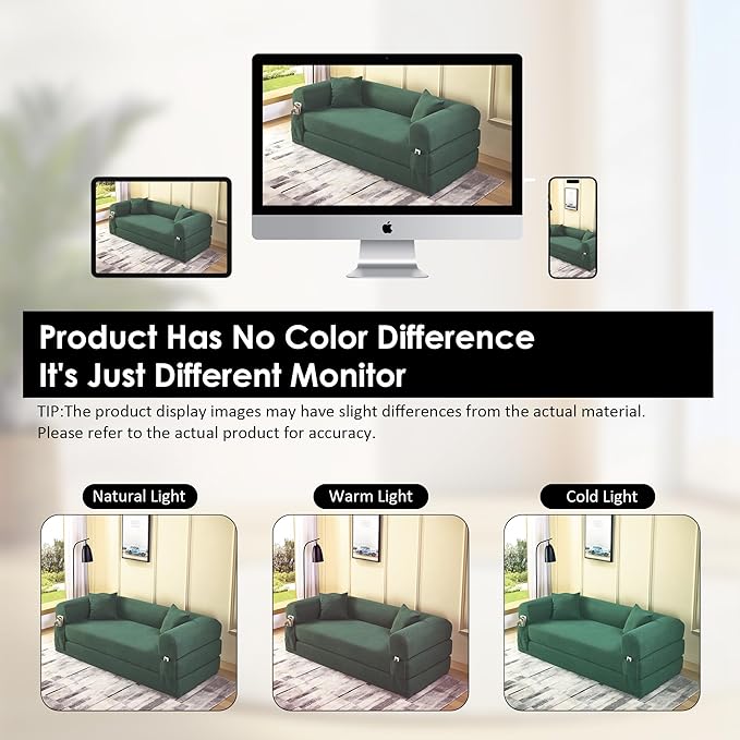 80" Convertible Sofa Bed, Corduroy Deep Seat Folding Pull Out Couch with Pillows, No Assembly Modern Boneless Couch Compression Sofa in Box, Floor Sofa with Storage Pocket for Living Room,Light Green