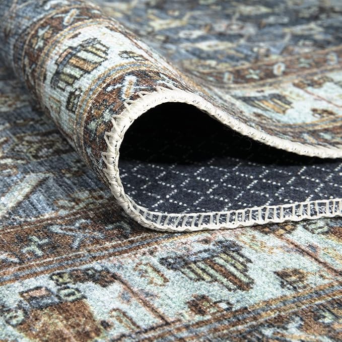 Bloom Rugs Washable Non-Slip 6' x 9' Rug - Blue/Beige Traditional Area Rug for Living Room, Bedroom, Dining Room, and Kitchen - Exact Size: 6' x 9'
