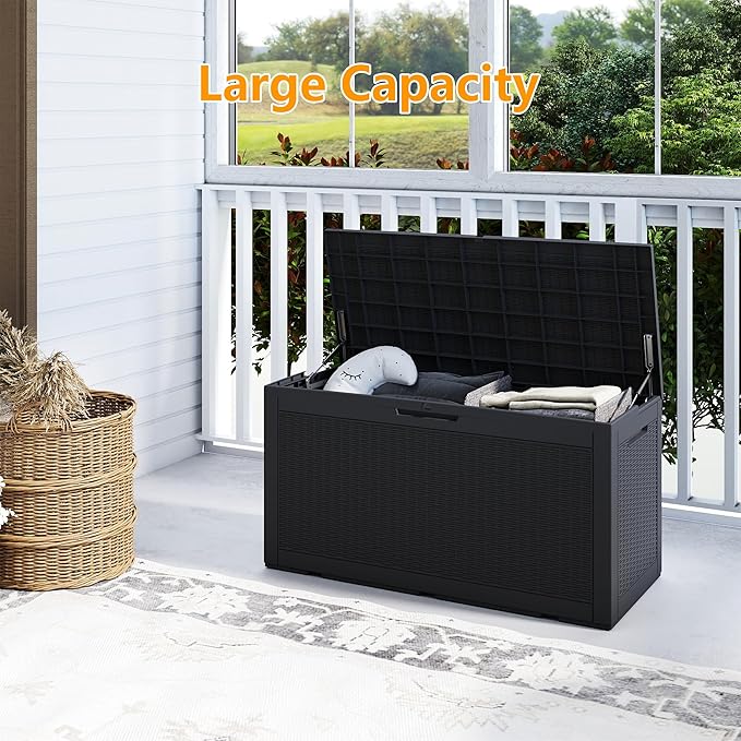 100 Gallon Outdoor Storage Box Waterproof, Resin Deck Boxes with Lockable Lid & UV-Resistant for Patio, Pool, Garden Furniture Cushions & Accessories, Black