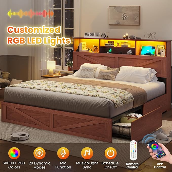 VIAGDO Farmhouse Bed Frame King Size with Bookcase Storage Headboard, Charging Station and LED Lights, Wooden King Bed Frame with 4 Drawers, Barn Door Design, No Box Spring Needed, Reddish Brown
