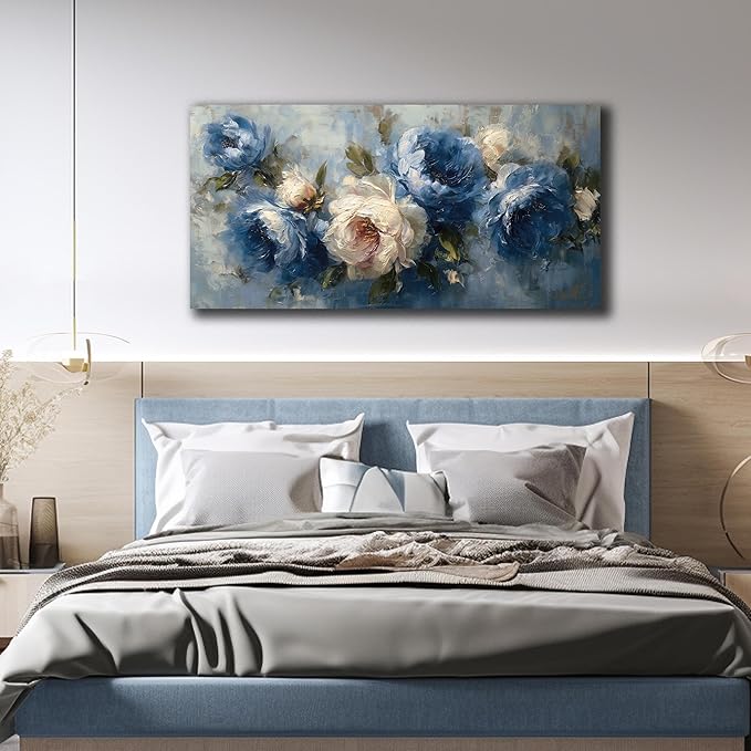 JuhaiArt Blue Wall Art Bedroom Large Flower Canvas Wall Decor Peony Floral Picture Art White Artwork for Living Room Office 29" x 59"