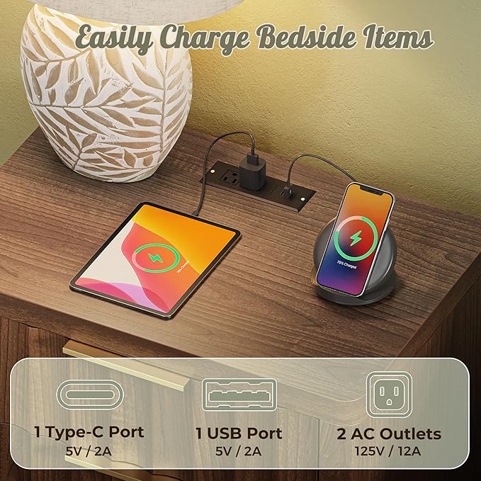 Huuger 27.6 Inch Tall Night Stands with Charger Station, USB-C Port, Fluted Nightstand Set of 2, Larger Wider Bed Side Table with 2 Deep Drawers, Open Shelf, Bedroom Living Room End Table, Walnut