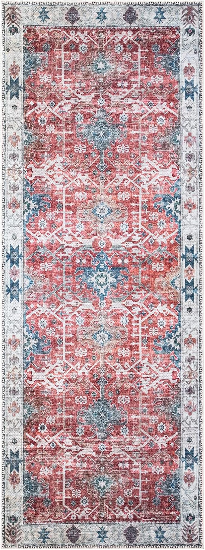 Bloom Rugs Washable Non-Slip 10 ft Runner - Red/Blue Traditional Runner for Entryway, Hallway, Bathroom, and Kitchen - Exact Size: 2.5' x 10'