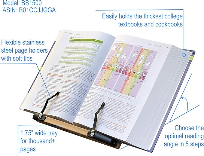 A+ Book Stand BS1500 11.8x8.5 Portable Adjustable Foldable Bookstand Holder for Reading Hands Free Large Thick Heavy Textbooks Cookbooks Tablets