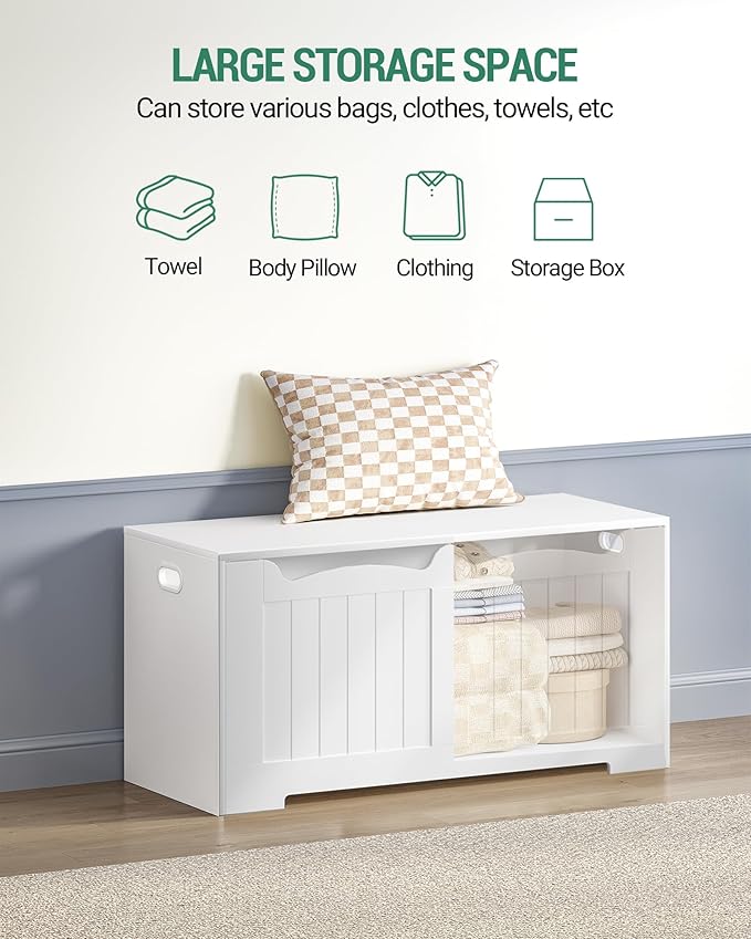 Hzuaneri 39.4" Storage Chest, Storage Bench Trunk with 2 Hinges, Wooden Box, Lift-Top Chest Organizer, Shoe Bench for Entryway, Bedroom, Living Room, White 01003XSB