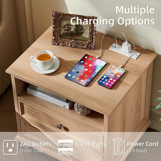 24" Wide Farmhouse Nightstand with Charging Station, End Table with 2 Drawers, Natural Wood Dresser for Bedroom Cabinet, Bed Side Table Chest of Drawers, Night Stand for Living Room, Closet