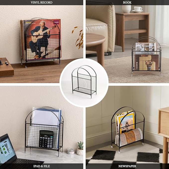 PUERSI Freestanding Magazine Holder – Modern Touch Handbag Design, Magazine Organizer Metal Rack for Books, Vinyl Record, Newspaper (Black)
