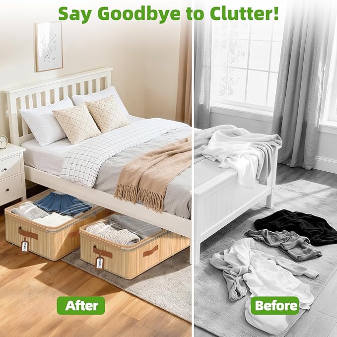 Livole Bamboo Under Bed Storage with Wheels, 6 inches Underbed Storage Containers, 56L XXL Rolling Under Bed Storage Bins with Clear Lid & Label for Clothes, Blankets, Sweater, Shoes, 1 Pack