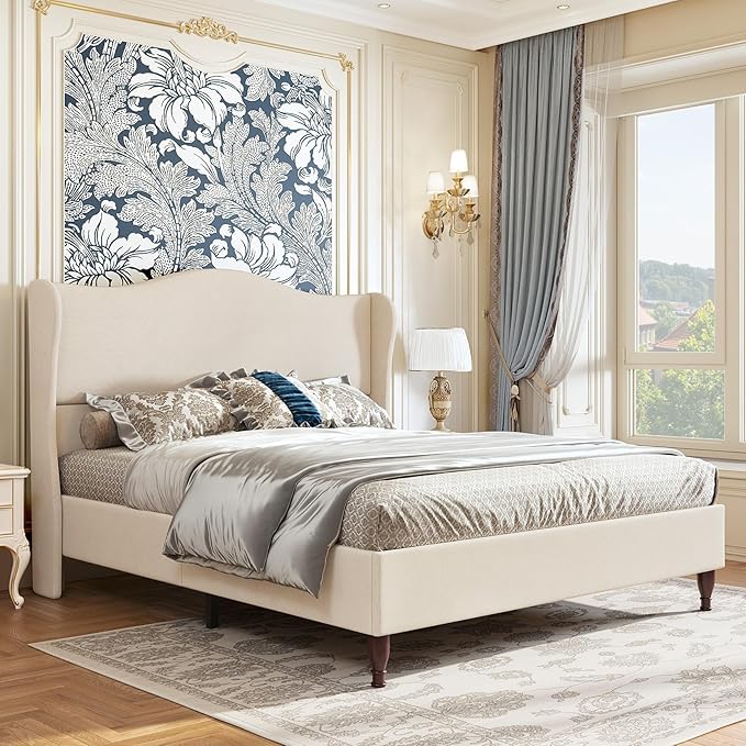 koorlian Full Size Bed Frame Upholstered Platform Bed with 51" Tall Headboard Wingback, Soft Fabric, Retro Simple Style Platform Bed No Box Spring Needed, Easy Assembly, Beige