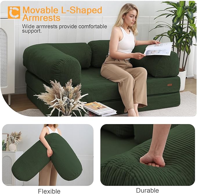 COMAX 4‑in‑1 Futon Sofa Bed Queen – Floor Foldable Convertible Sofa Couch with L‑Shaped Armrests, Removable Cover, Green Convertible Guest Bed | Space‑Saving Fold‑Out Mattress Lounge for Living Room