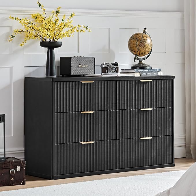 LEYAOYAO 48" Wide Fluted Dresser and 3 Drawers 23" Nightstand Set of 2, Wooden Dresser & Night Stand with Charging Station, 3 Piece Bedroom Furniture Set, Wood Chest of Drawer for Living Room,Black