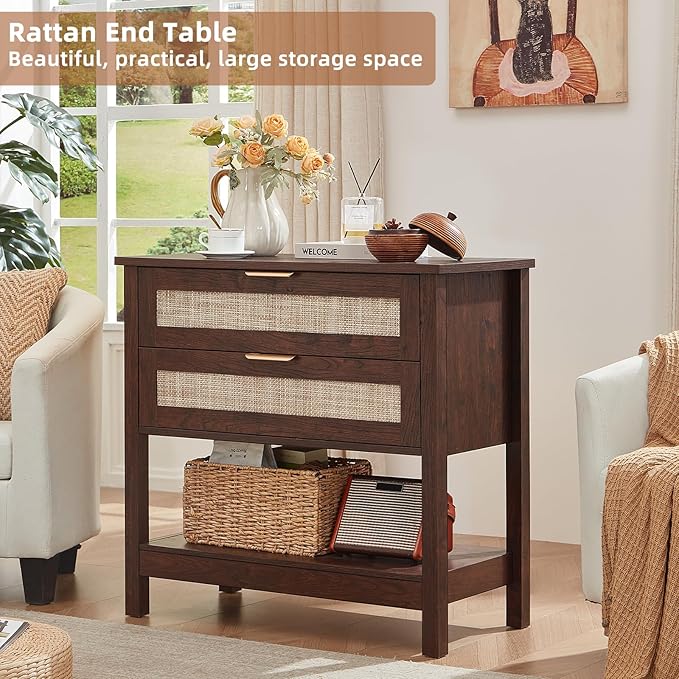 LEYAOYAO 31.5" Wide Rattan Night Stand, Large Boho Nightstand, Bedside Table with Storage, Tall Bed Side End Tables, Chest of Drawers for Bedroom, Living Room, Hallway（Walnut,2 Drawers,2）