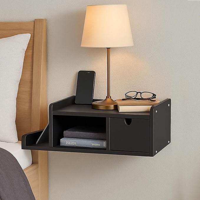 Floating Nightstand with Drawer & Shelf,Wall Mounted Bedside Table for Small Bedrooms,Modern Black End Table with Space Saving Design（Black）