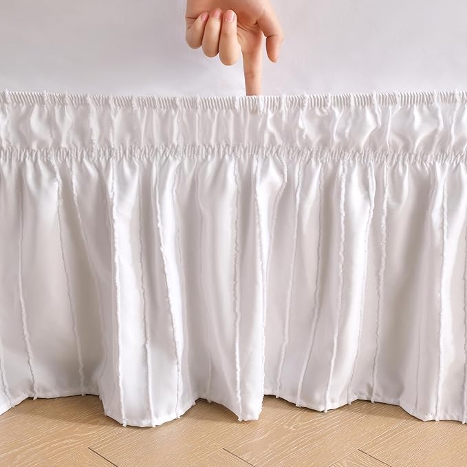 MIYE Striped Tufted Bed Skirt - Wrap Around Dust Ruffle with Elastic Belts - 12.5 Inch Drop Easy to Put On - Bedskirt Machine Washable ＆ Wrinkle Resistant(Striped/White, King/Queen-12.5" Drop)