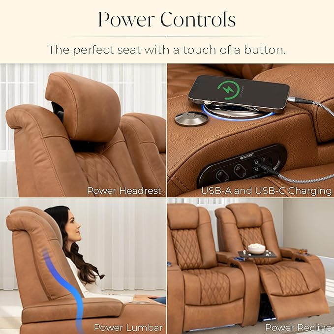 Seatcraft Diamante Zero-Gravity CoolZero Italian Leather Home Theater Seating, Power Headrest, Power Recline, Row of 4 Left Loveseat, Tawny